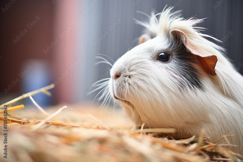 profile shot of guinea pig amidst hay