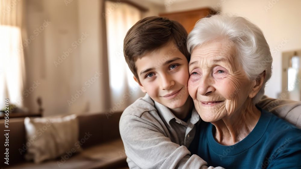 photograph of a grandson hugging his grandmother with copy space photograph of a grandson hugging his grandmother with copy space