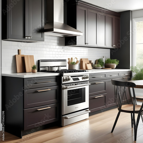 illustration of a modern kitchen with dark colored cabinets and a stainless steel stove