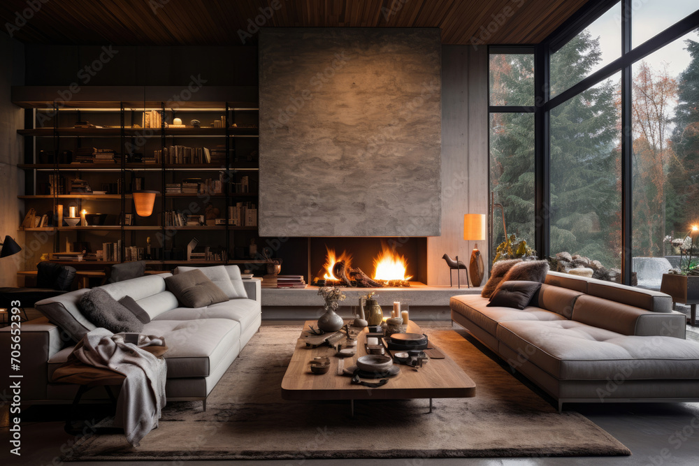 Fireplace in a luxury living room interior
