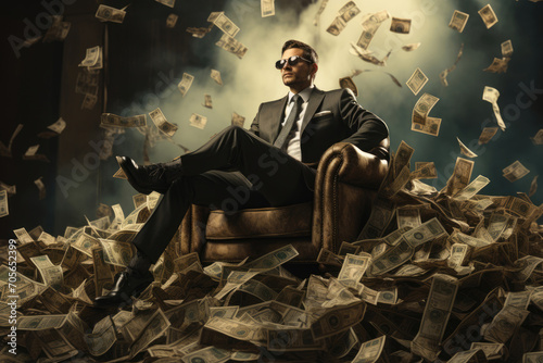 rich man sits in a chair among mountains of money photo