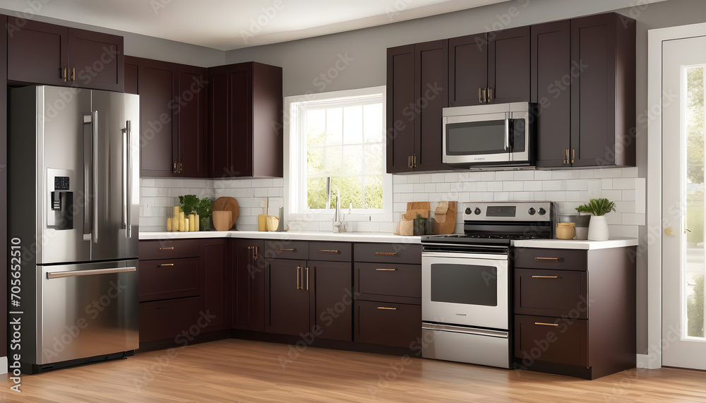 illustration of a modern kitchen with dark colored cabinets and a stainless steel stove illustration of a modern kitchen with dark colored cabinets and a stainless steel stove