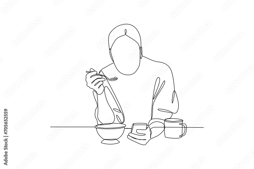 Obraz premium Woman breakfast while playing smartphone. Meal minimalist concept