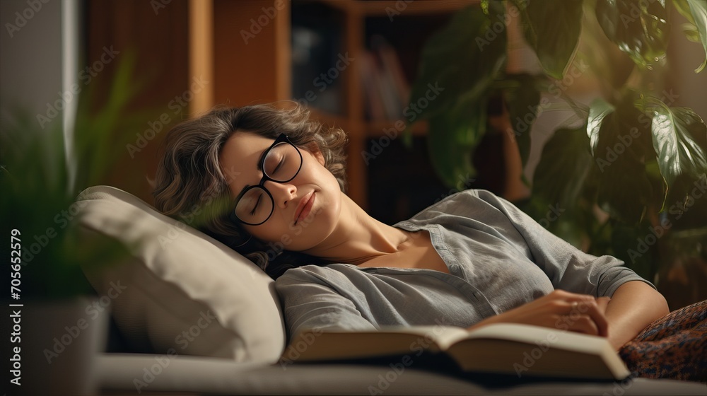 Middle-Aged Woman Sleeping with Glasses: Living Room Nap Middle-Aged Woman Sleeping with Glasses: Living Room Nap