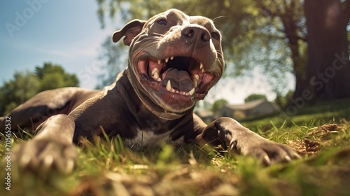 Joyful Gray Pit Bull Terrier in Green Spring Meadow: Active Play © Nick Alias