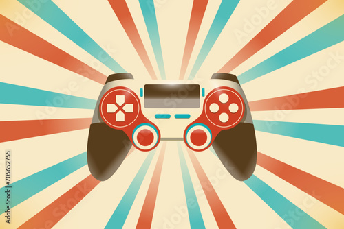 Vintage game controller on a retro background. Vector gamepad or joystick in pleasant colors.