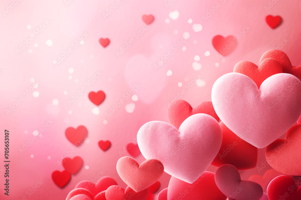 A romantic and whimsical illustration for themes related to love or Valentine’s Day, colors range from deep red to light pink, creating a warm and inviting atmosphere, background is soft pink