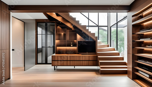Luxury contemporary interior design in a multi storey home with sleek wooden stairs and custom cabinets under them for storage