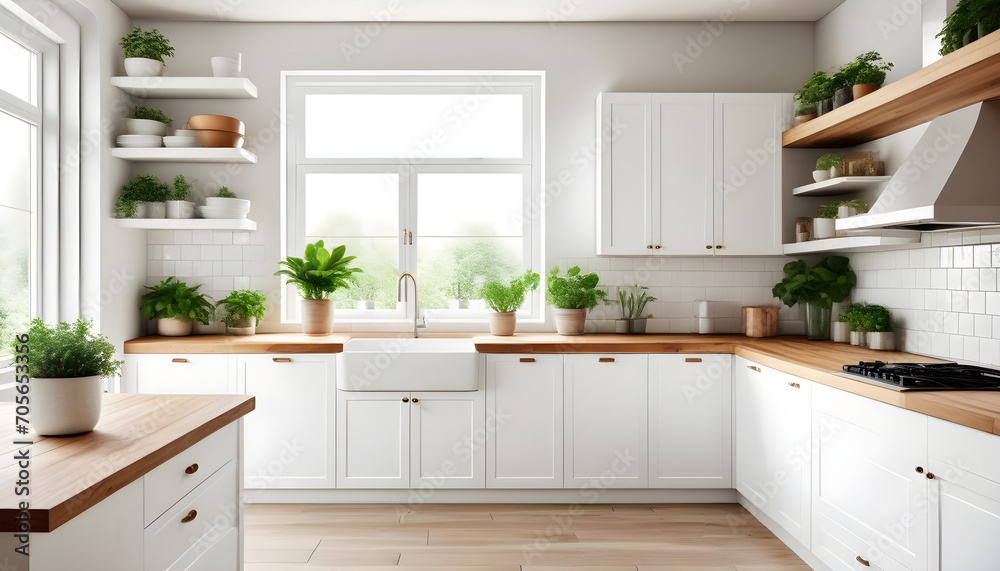 Fototapeta premium Modern kitchen interior with white furniture and wood countertops cabinets shelves and cupboards. Green pot plants big window. Farmhouse country house design ideas