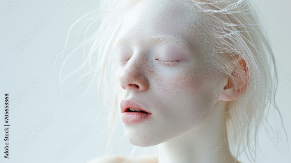 Beautiful albino woman exuding grace and elegance against a white backdrop. - obrazy, fototapety, plakaty 