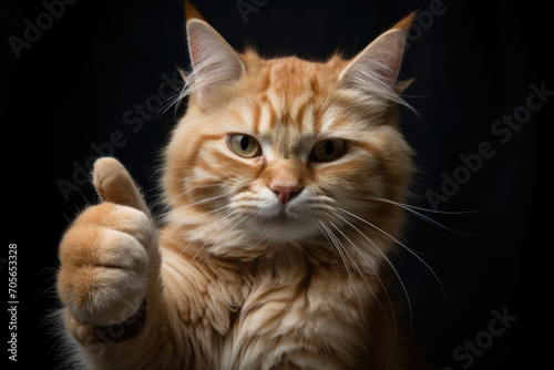 Red cat shows thumbs up gesture