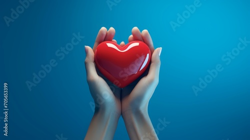 Hands Hold a Red Heart on a Blue Background  