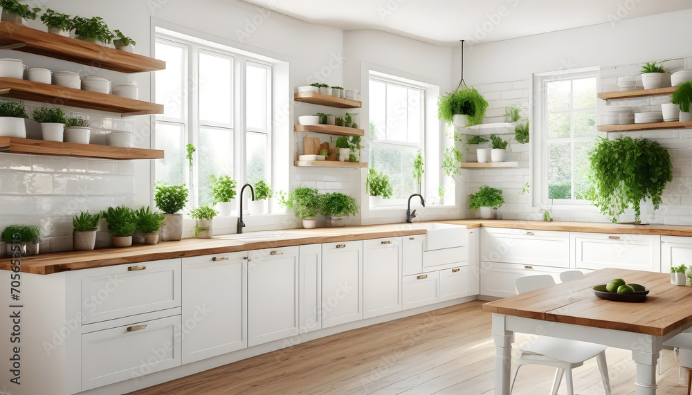 Modern kitchen interior with white furniture and wood countertops ...