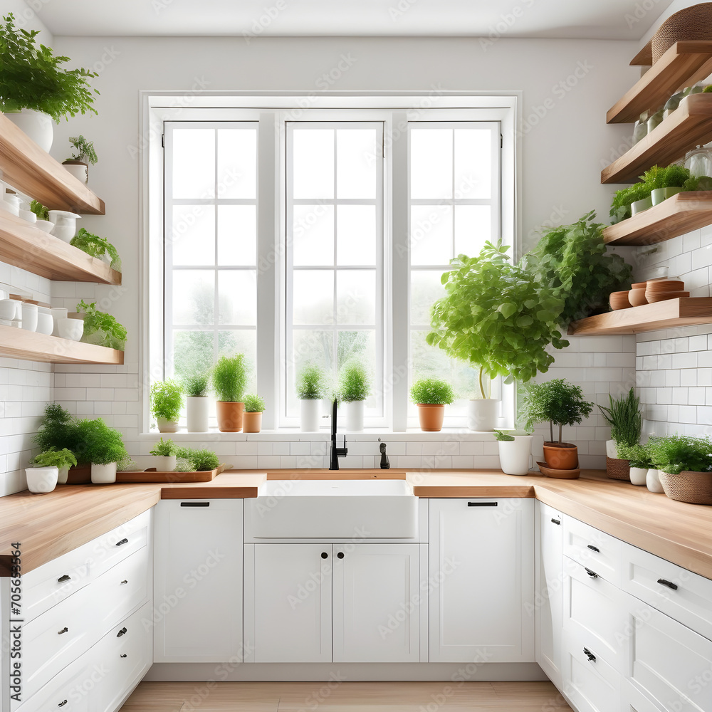 Modern kitchen interior with white furniture and wood countertops ...