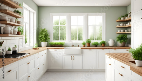Modern kitchen interior with white furniture and wood countertops cabinets shelves and cupboards. Green pot plants big window. Farmhouse country house design ideas