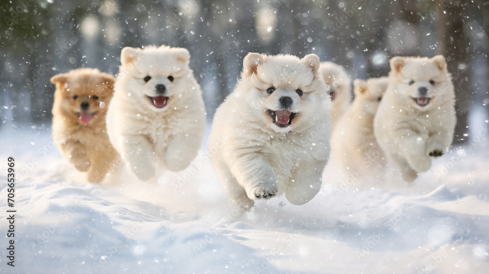 a group of cheerful dogs runs in dynamic poses through the winter fluffy snow on a frosty sunny day, fluffy pets, snowfall, Christmas snowflakes are falling a group of cheerful dogs runs in dynamic poses through the winter fluffy snow on a frosty sunny day, fluffy pets, snowfall, Christmas snowflakes are falling