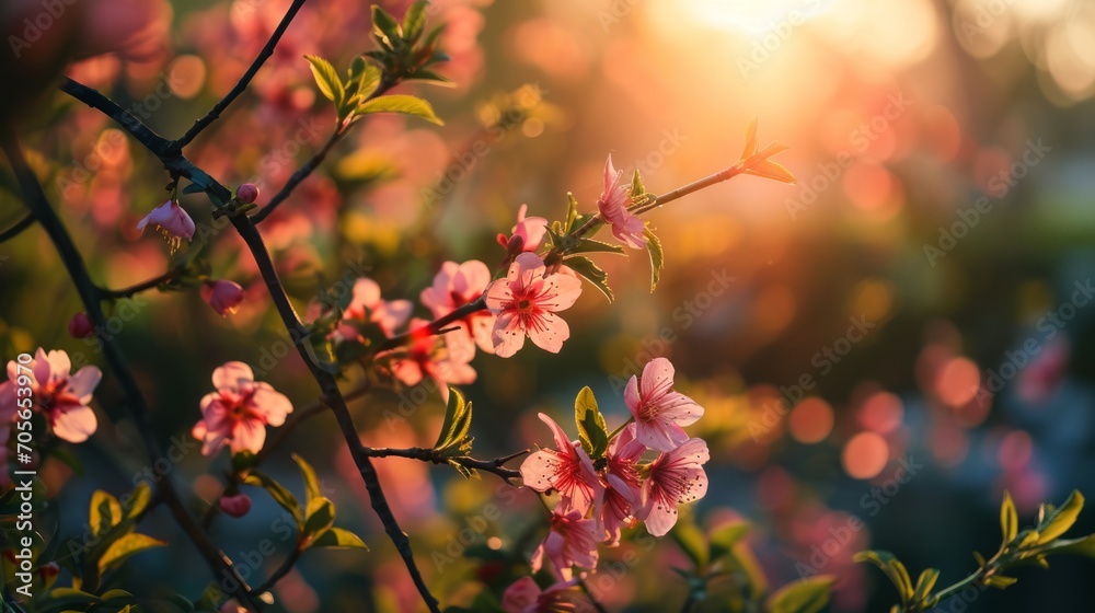 Spring Equinox Day with blossoming flowers, fresh greenery, and a balanced representation of day and night. Copy space.