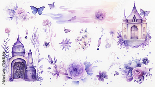 set collection of purple delicate accessories of a fairy princess watercolor drawing isolated on a white background  soft lavender color #705653966