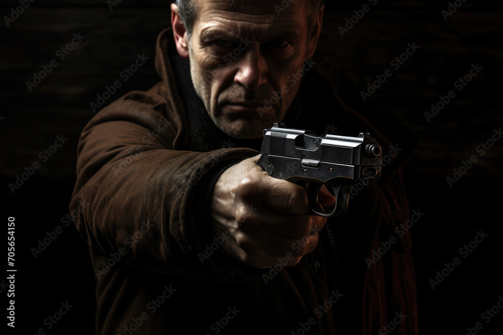 man with a pistol in his hand takes aim man with a pistol in his hand takes aim
