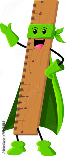 Cartoon ruler school supply superhero and defender character. Isolated vector caped measuring tool vigilante with a precision superpower, helps students conquer math and drawing tasks with accuracy