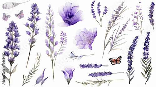 lavender objects isolated on a white background, blades of grass and flowers in watercolor style, set collection
