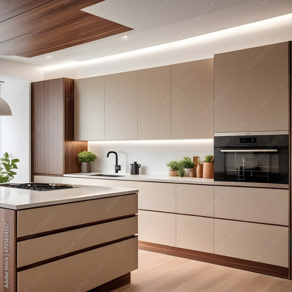 Fototapeta premium Modern minimalist kitchen, close up shot, beige cabinets floor to ceiling, combined with walnut wood open cabinets with led lights, floating ceiling. Natural light
