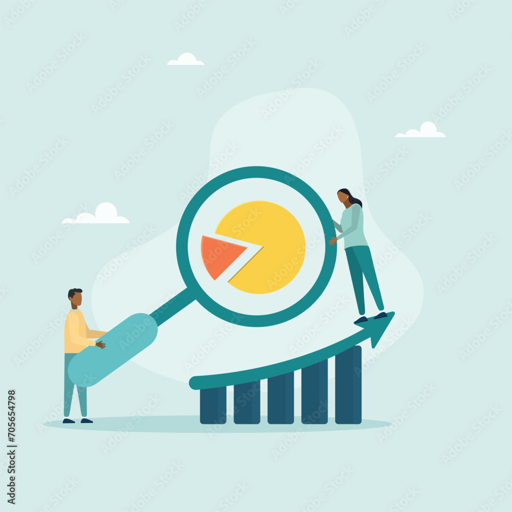 People working together on a project. A team of analysts analyzes reports, graphs, charts and other business data. Vector illustration.

