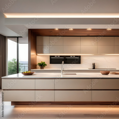 Modern minimalist kitchen, close up shot, beige cabinets floor to ceiling, combined with walnut wood open cabinets with led lights, floating ceiling. Natural light