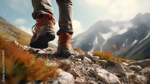 Man Hiking Up a Mountain Trail with a Close-Up   © zahidcreat0r