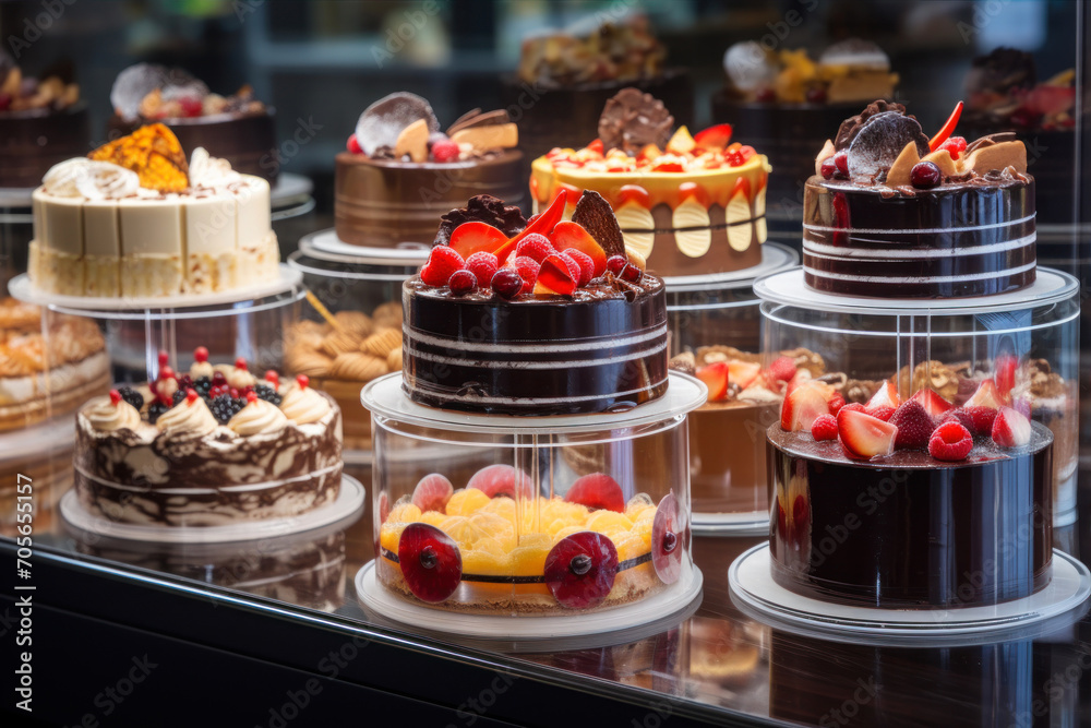 Variety of cakes in a shop window in Paris, France. Variety of cakes in a shop window in Paris, France.