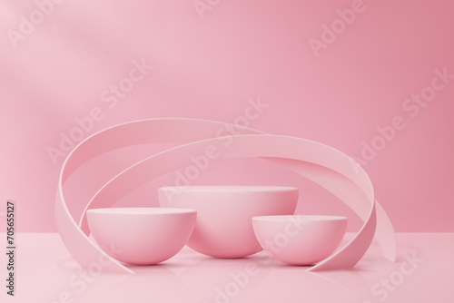 Round pink podium stage with half rounded sphere and orbits. Realistic 3d vector semi-sphere pedestals mockup for cosmetics presentation. Elegant visual background for promoting women beauty products