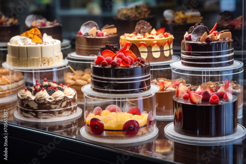 Variety of cakes in a shop window in Paris, France.