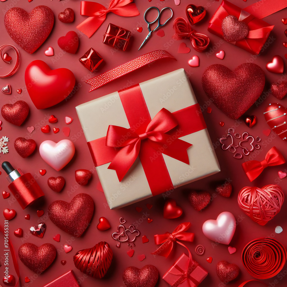 Passionate Melody: Red Valentines Day Background, Top View Flat Lay with Gift Box and Mixed Hearts. Passionate Melody: Red Valentines Day Background, Top View Flat Lay with Gift Box and Mixed Hearts.