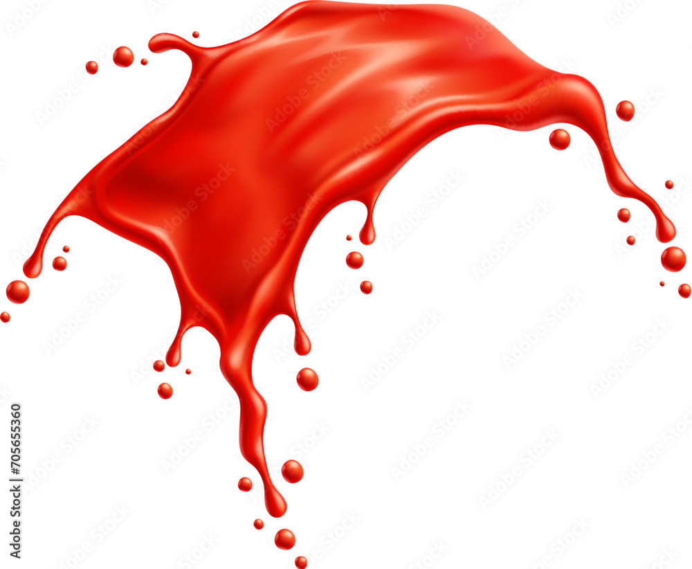 Tomato red juice or ketchup sauce tornado splash with drips in spill