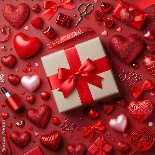 Passionate Melody: Red Valentines Day Background, Top View Flat Lay with Gift Box and Mixed Hearts.
