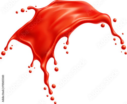 Tomato red juice or ketchup sauce tornado splash with drips in spill flow, realistic vector. Red paint or liquid tomato explosion splash with drops, sweet berry jam or fruit syrup and blood splatter