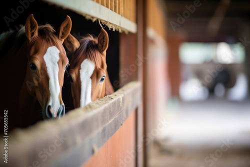 mare and foal peeking side by side in barn photo