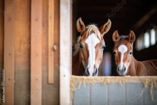 mare and foal peeking side by side in barn
