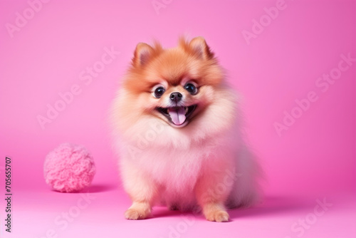 Cute Pomeranian dog with pink ball on pink background.