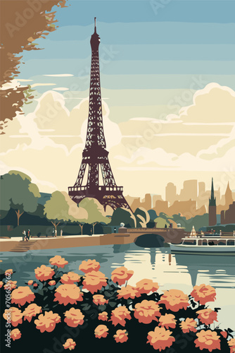 A vintage retro style travel poster for Paris, France with the famous Eiffel tower and River Seine