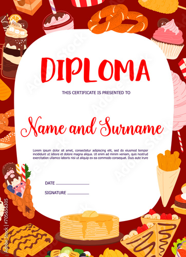 Diploma template. Fast food, desserts and drinks vector certificate or award. Vertical diploma with background frame of egg burger, Hong Kong ice cream, pancake, churros and shawarma, corn and simit