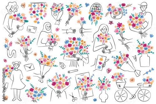 Flowers compositions hand drawn collection, bouquets doodle icons, happy women with Valentines gifts, flower delivery vector illustrations, romantic set for greeting cards, Mothers Day