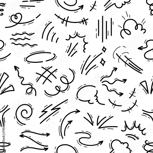 Hand drawn movement motion lines pattern. Vector seamless, tile background with dynamic swift movement elements, fluid lines and arrows, capturing the essence of intensity or action in visual cascade