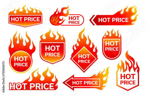 Hot price promotion labels with fire flames for sale offer, vector badges. Discount promo or special deal for hot price, shop labels and stickers with red yellow burning fire flames for store signs photo