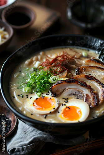 Tonkotsu Ramen with creamy broth on the table with chashu pork boiled egg, nori and Japanese spring onion.