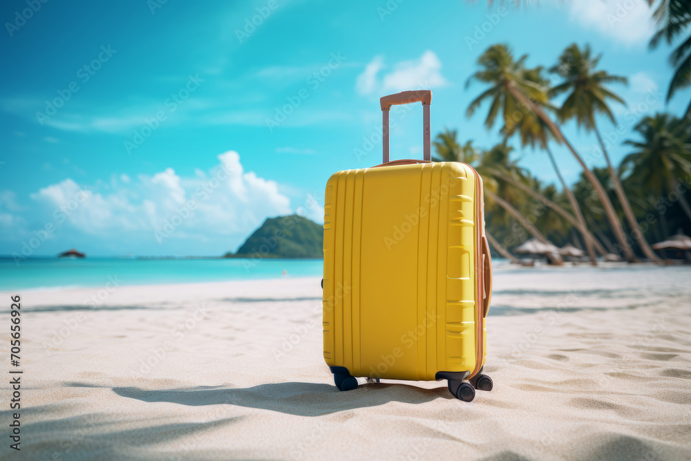 A yellow suitcase on a sandy beach by the sea. Summer concept, travel, seaside holidays. A yellow suitcase on a sandy beach by the sea. Summer concept, travel, seaside holidays.