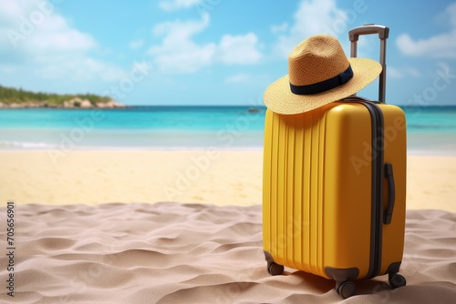 A yellow suitcase and a straw hat on a sandy beach by the sea. The concept of summer, travel, sea holidays