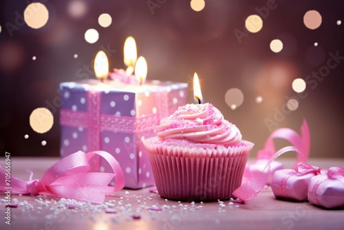 Candles flicker on cupcake  wrapped present in pink  happy birthday ambiance. Generative AI