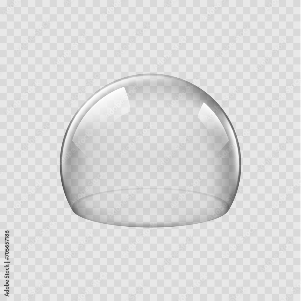 Glass dome or round transparent sphere, realistic vector of glossy transparent bell cover. Glass dome or empty showcase display, plastic hemisphere or exhibition case jar and spherical globe - obrazy, fototapety, plakaty 