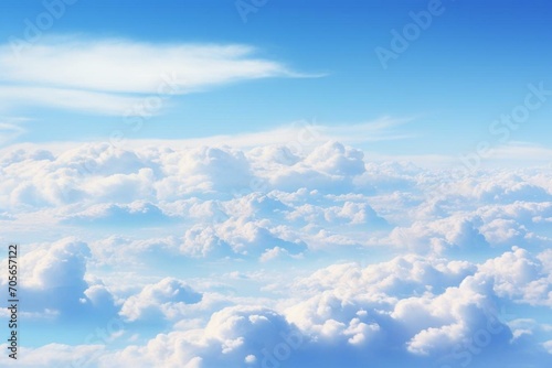 Fluffy clouds float in a clear sky. Generative AI